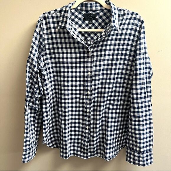 J crew lightweight navy/white checkered button down 10 - Picture 1 of 5